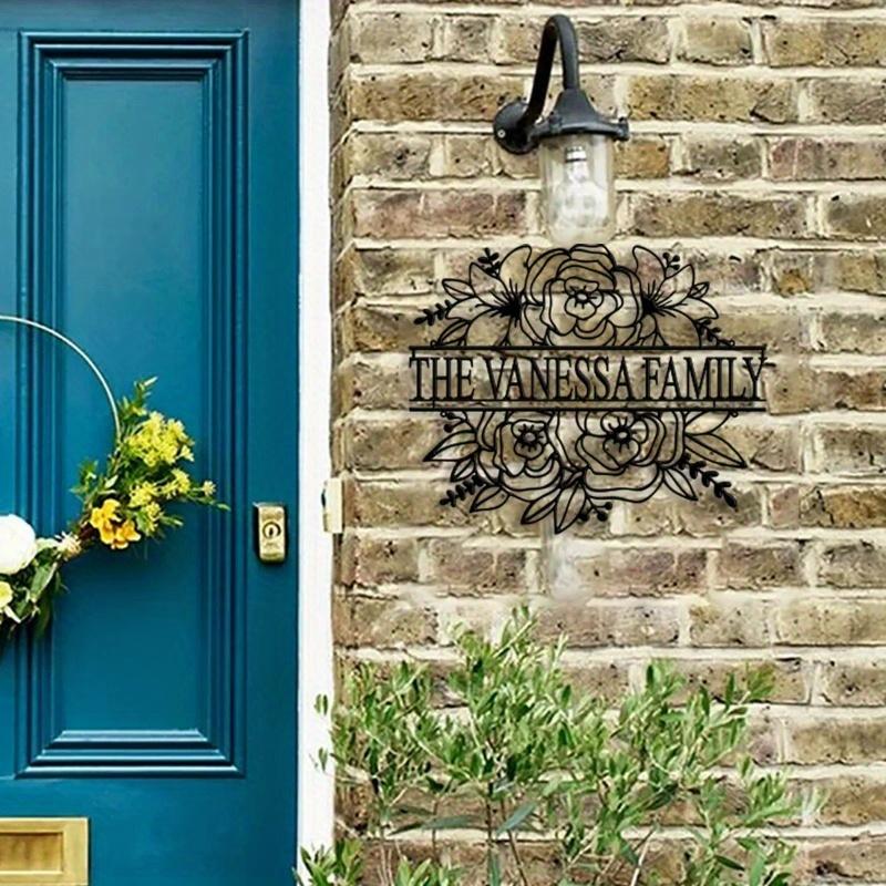 Custom Family Name Sign – Flower Garden Metal Wall Art, Personalized Monogram Plaque for Outdoor Front Entrance Decor & Wall Sculptures