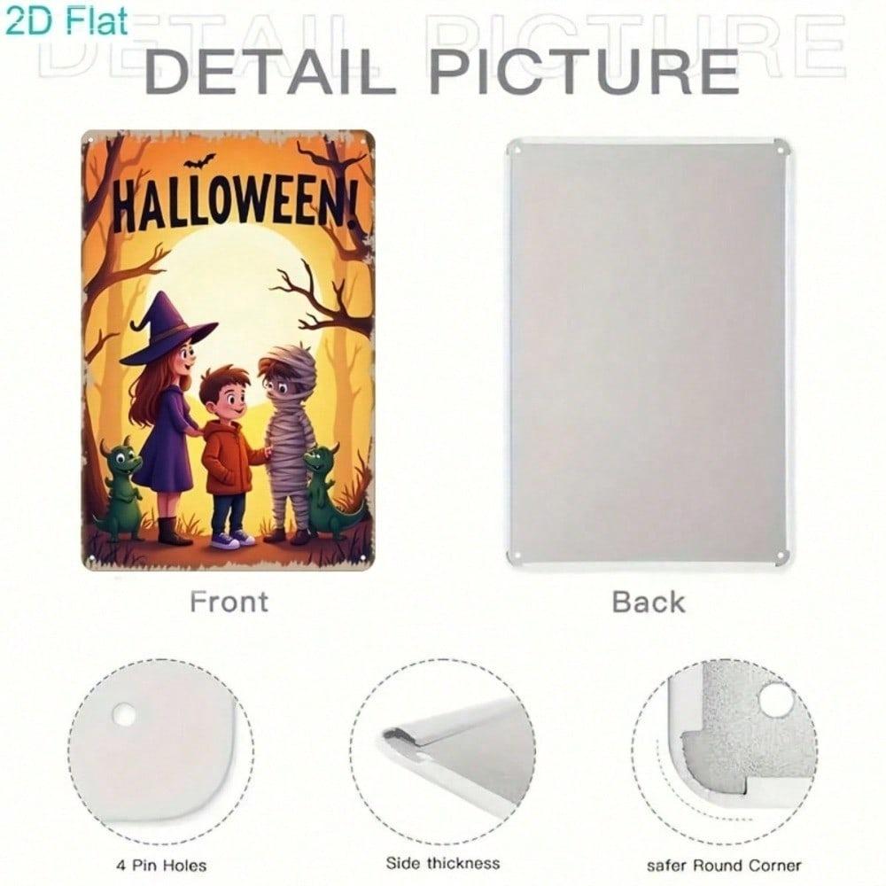 Halloween Metal Sign 2D Flat Spooky Witch Mummy Dragon, Vintage Funny Wall Decor for Haunted House Bar Cafe Party
