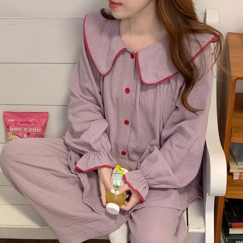 Women's Polka Dot Cloud Cotton Pajama Set - Sweet Korean Style with Large Lapel, Long Sleeves, and Pants for Spring, Autumn, and Winter.