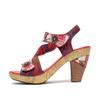 Johnature Sandales à talons hauts rouges à imprimé mode en cuir véritable style ethnique rétro rose chaussures pour femmes