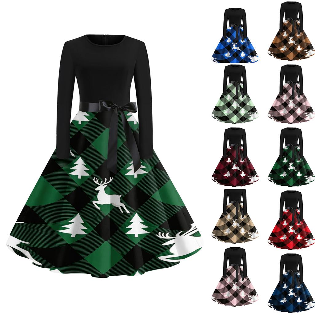 Women's Casual Vintage V-Neck Christmas Print Dress for Festive Occasions