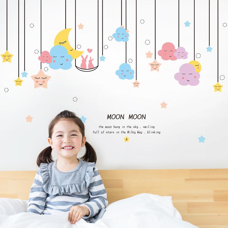Cartoon Moon Clouds Stars Wall Stickers for Kids Room Decor Nursery Living Room Bedroom Background Vinyl Decals