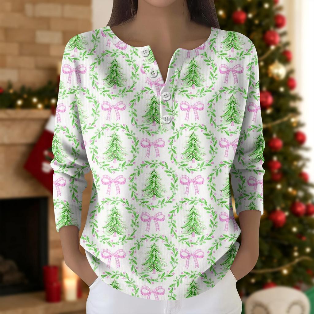 Damska Moda Top z Długim Rękawem z Nadrukiem Świątecznej Śnieżynki Elegancki Casualowy Top