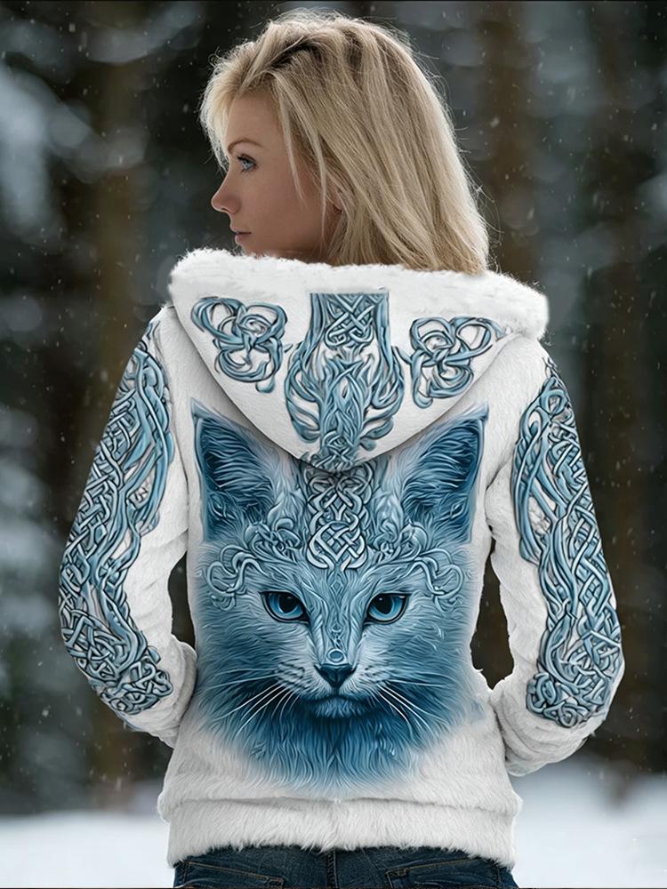 Damen Schneeflocke 3D-Druck Flanell Reißverschluss Kapuzenjacke Winter Warm Fleece Hoodie Lässiger Langarmmantel S-5XL