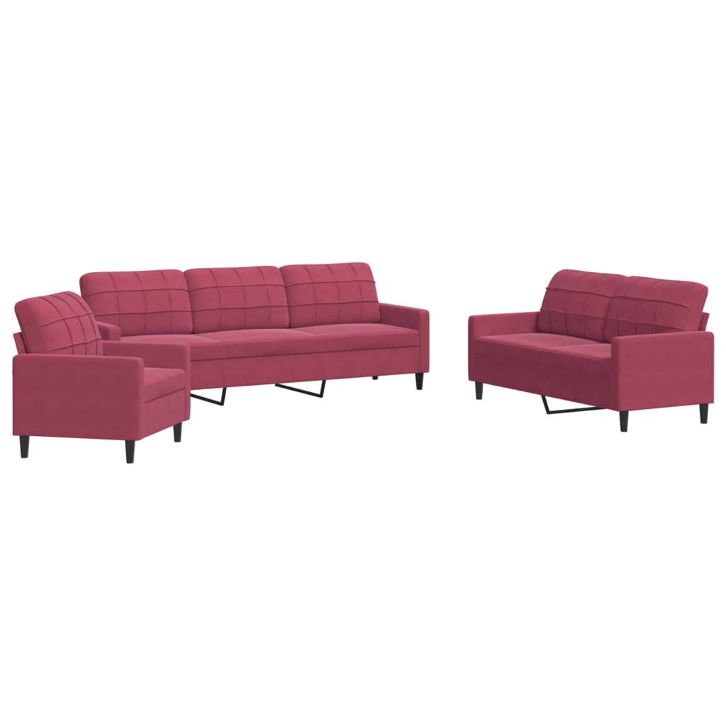 3 Piece Sofa Set with Cushions Burgundy Velvet
