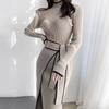 Korean Chic Autumn Winter Vintage Half High Collar Slimming Color Block Midi Knitted Dress Women's Belted Wrap Dress