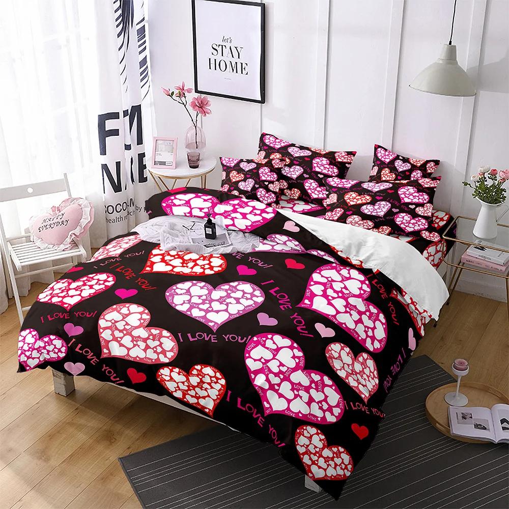 Comforter Lips Polyester Red Heart Valentine'S Day Present For Couple Wife King Queen Size Bedding Set With