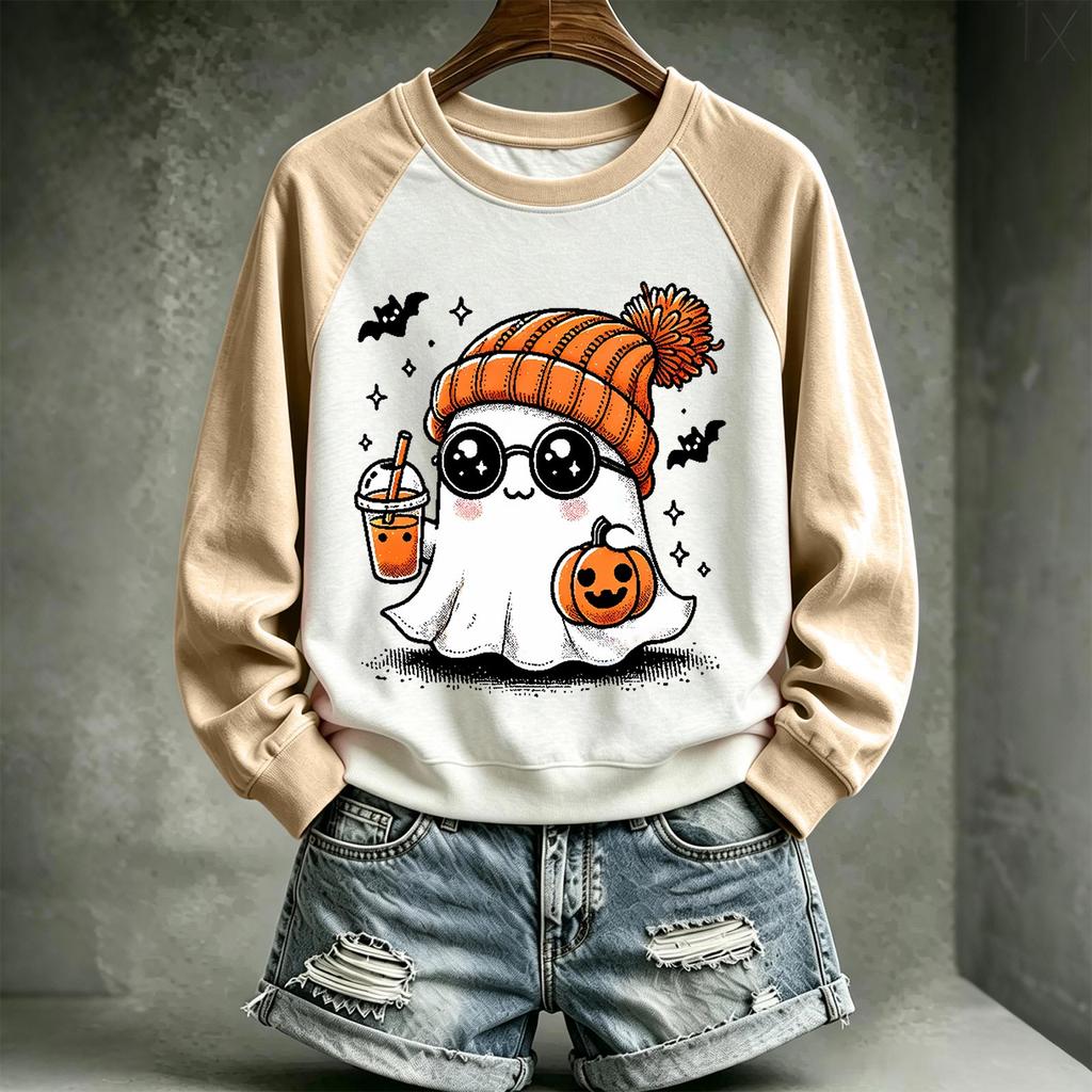 Women's Halloween Printed Neck Sweatshirt Casual Pullover Top