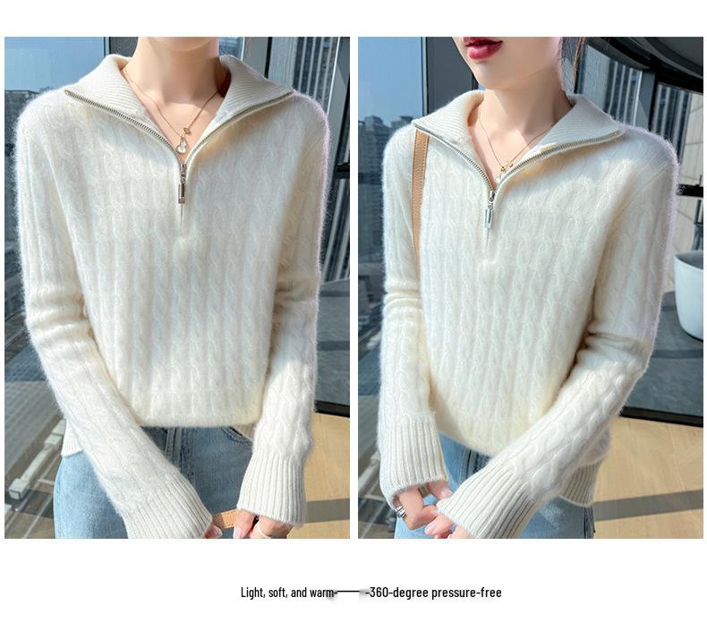 Women's 100% Wool Thickened Knitted Sweater with Large Lapel - Autumn/Winter Warm Twist Pullover, Versatile & Trendy