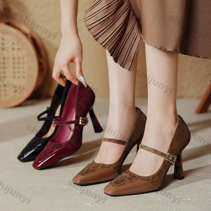 Fashion New Mary Jane Women's High Heels 2025 Thin Heels Sexy Fashion Leopard Shoes Women Square Head Buckle Strap Pumps High Quality