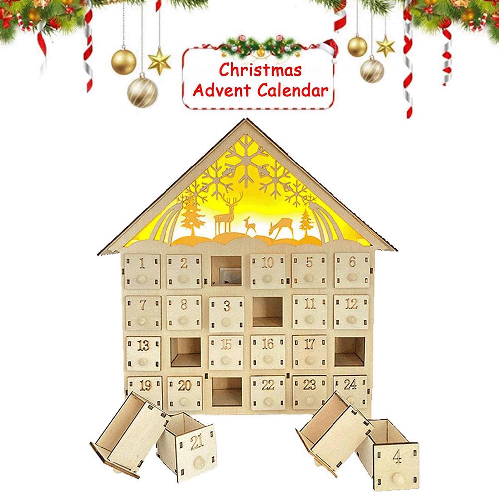 Christmas Countdown Storage Box 24 Day Wooden Advent Calendar Decorated Lighted Countdown to Christmas Calendar, Storage Drawer