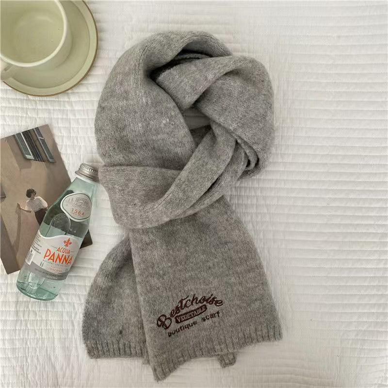 Korean Version Embroidered Bow Knitted Scarf Women's Autumn and Winter Warm Versatile Solid Color Wool Scarf Student Couple