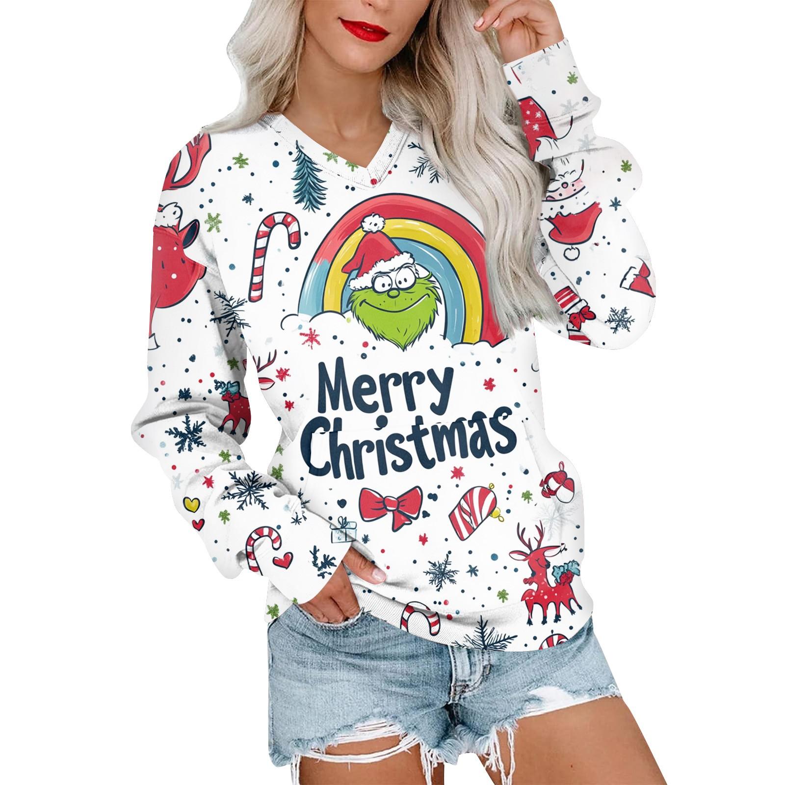 

Женская повседневная модная рождественская толстовка с V-образным вырезом и длинными рукавами, легкая толстовка с карманами XXL
