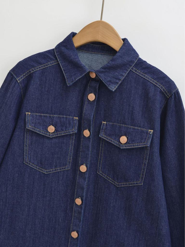 European Retro Dark Blue Denim Shirt for Women - Early Spring 2026 Fashion, Loose Fit with Lapel Collar.