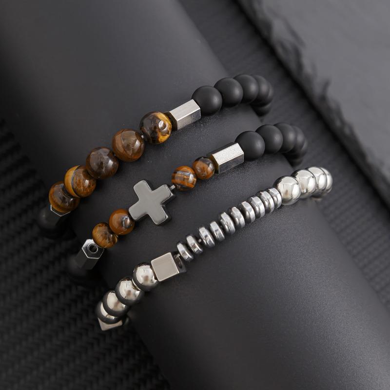 Vintage Multilayer Beaded Bracelet for Men Fashion Hip Hop Tiger Eye's CCB Titanium Steel Cross Beads Bracelets Accessories Men