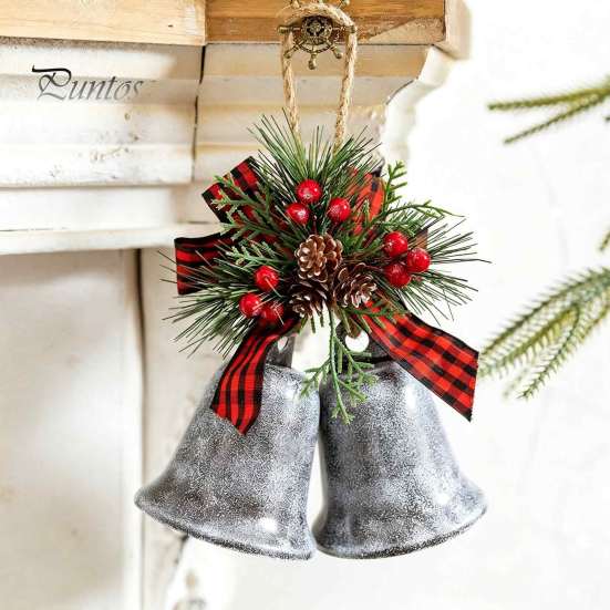 Handmade Style Christmas Tree Decor Bell Ornaments, Metal Double Jingle Bells Xmas Hanging Holiday Party Door Decoration with Pinecones Berries