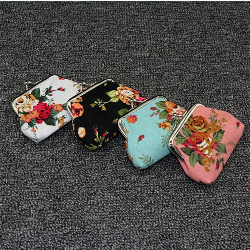 Women's Coin Purse Key Card Pocket Large Flower Pattern Buckle Retro Ladies Student Mini Purse Handbag Small Card Holder