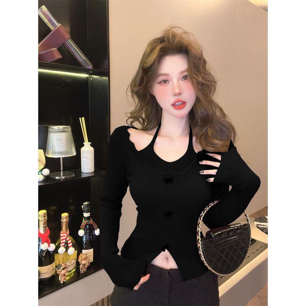 Schicker roter schulterfreier Neckholder-Strickpullover für Damen