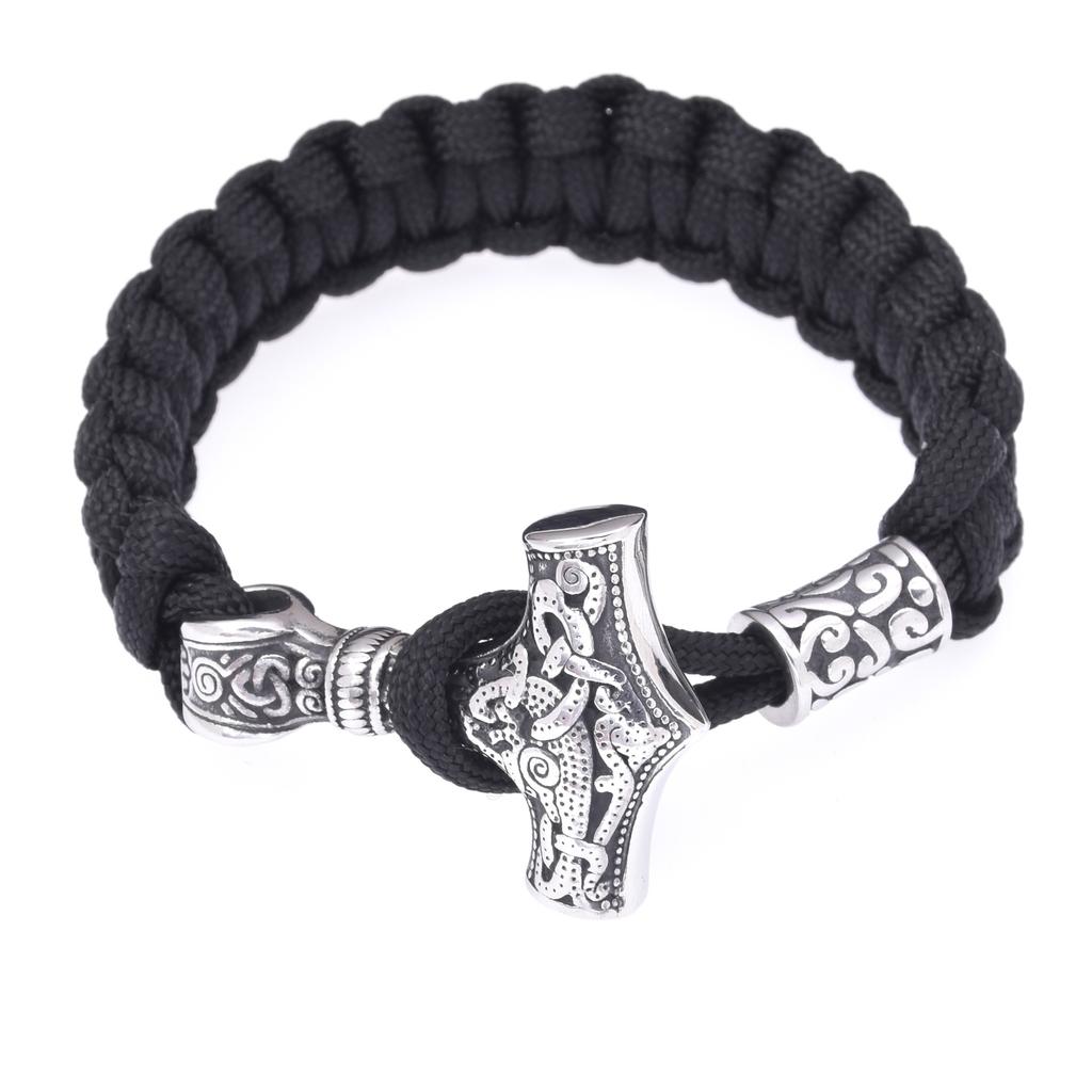 Męska dominująca, ręcznie robiona lina do parasola pleciona bransoletka Viking bransoletka z młotem Thora ze stali nierdzewnej bransoletka typu survival na świeżym powietrzu