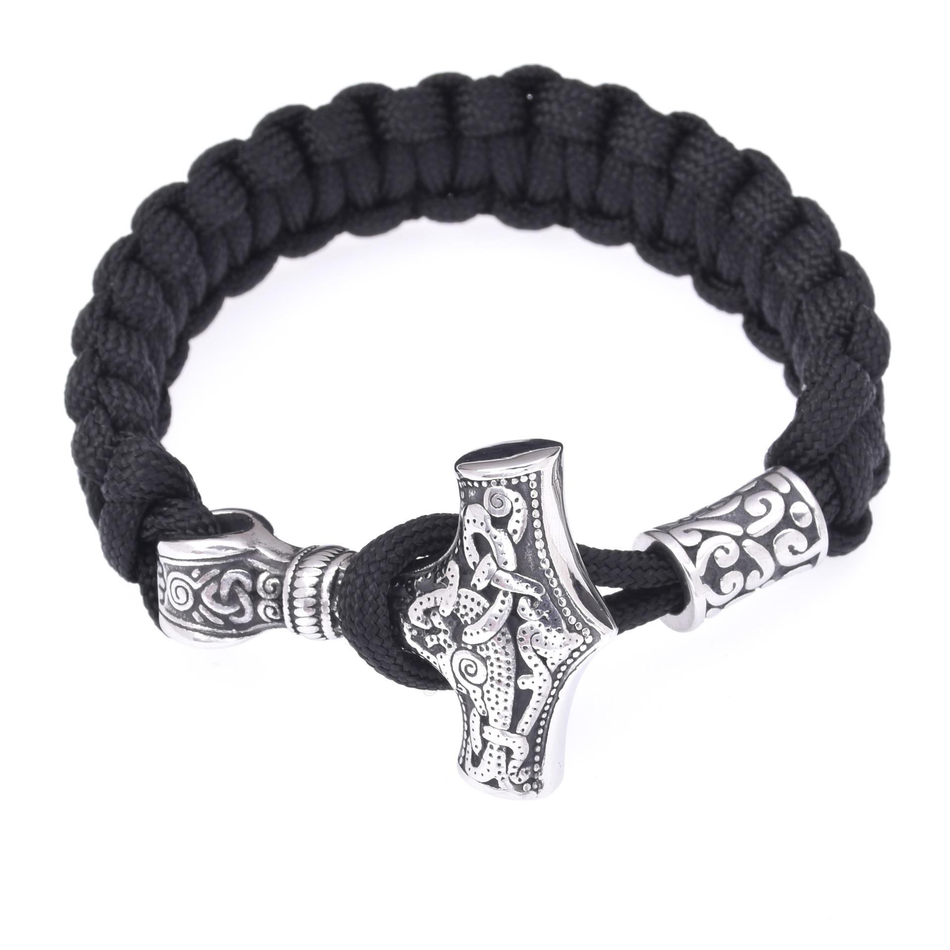 

Мужской властный браслет ручной работы с зонтиком и веревкой, плетеный браслет из нержавеющей стали с молотком Тора, браслет викингов, браслет для выживания на открытом воздухе 19CM