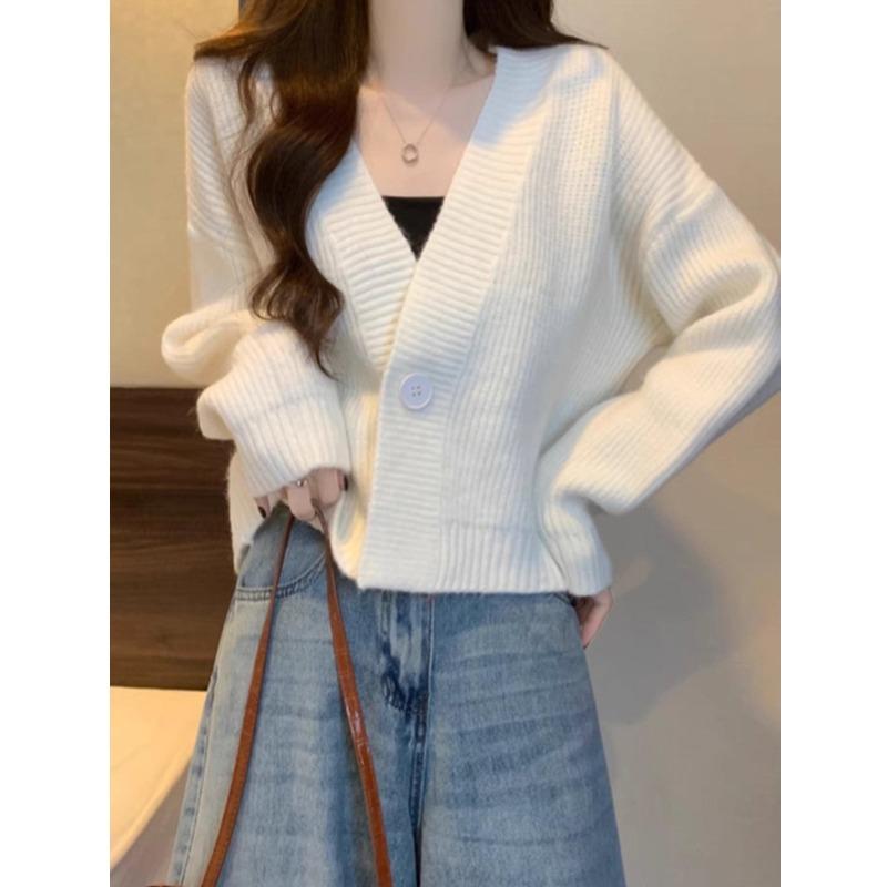 V-neck Fashion Women One Button Cardigan Short Sweater Autumn /Winter Long Sleeve Knitted Jackets Solid Color Elegant Loose Office Basic Casual Coats