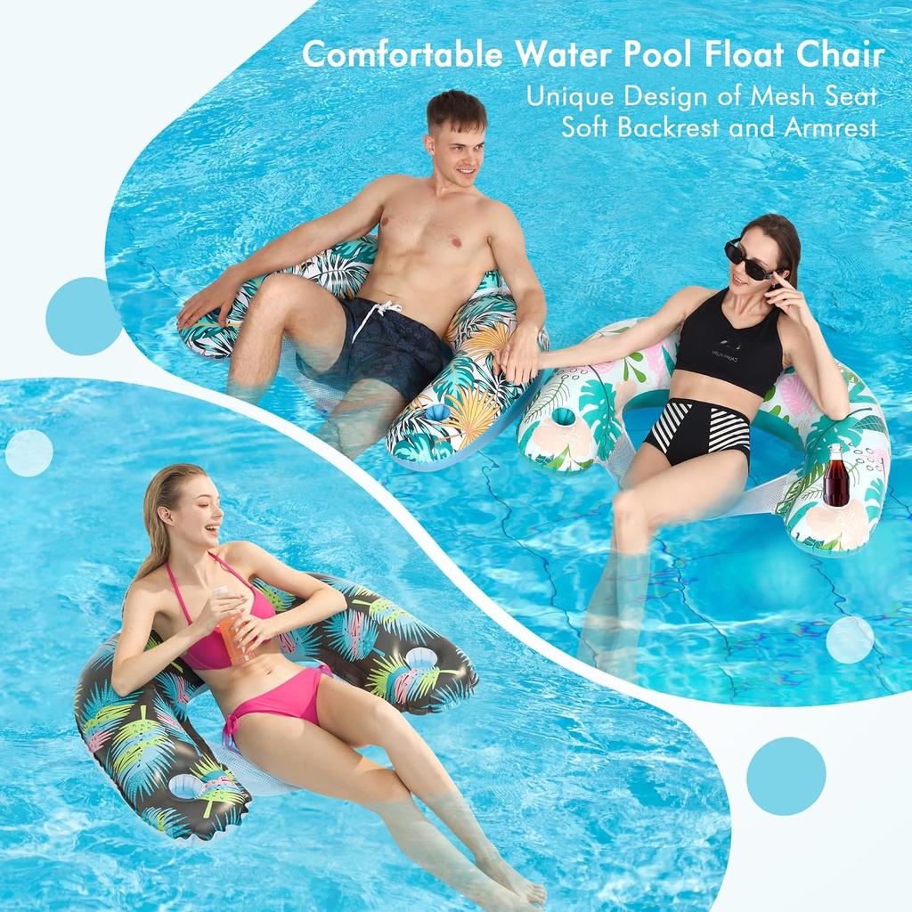 3 Pack Inflatable Pool Floats for Adults Pool Chairs with Two Cup Holders Comfortable Blow up Floating Lake Water Fun Swimming Party