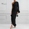 Soft Fabric Dress Women's One Shoulder Asymmetric Ruffle Satin Dress, Formal Everyday Wear Evening Party Gown, Long Sleeve Ruched Bridesmaid