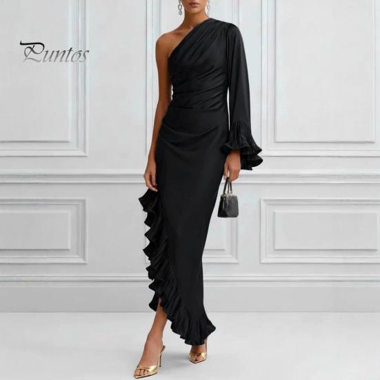 Soft Fabric Dress Women's One Shoulder Asymmetric Ruffle Satin Dress, Formal Everyday Wear Evening Party Gown, Long Sleeve Ruched Bridesmaid