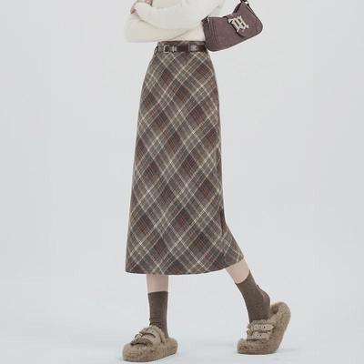 2024 Women's High Waist Woolen Plaid Midi Skirt – Autumn/Winter Korean Style, A-Line with Hip-Wrapped Slit