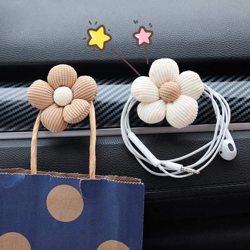 Cute Car Hooks Car Dashboard Center Console Fabric Flower DIY Decoration Accessories Multifunctional Small Self-adhesive Hooks