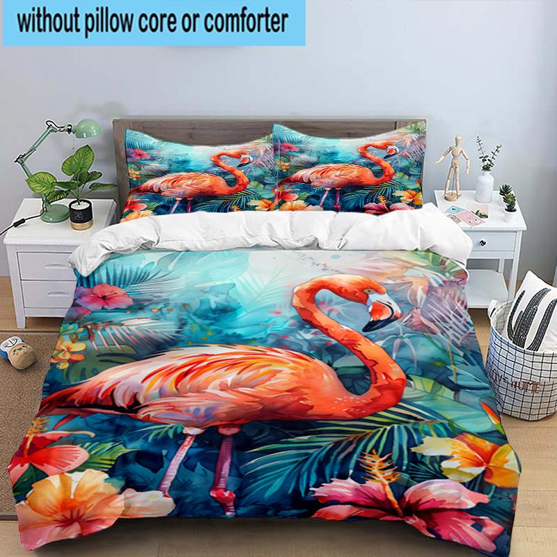Flamingo In Tropical Paradise 3pcs Bedding,Including 1pc Duvet Cover And 2pcs Pillowcases Perfect for Christmas,Ideal for Bedroom, Dormitory