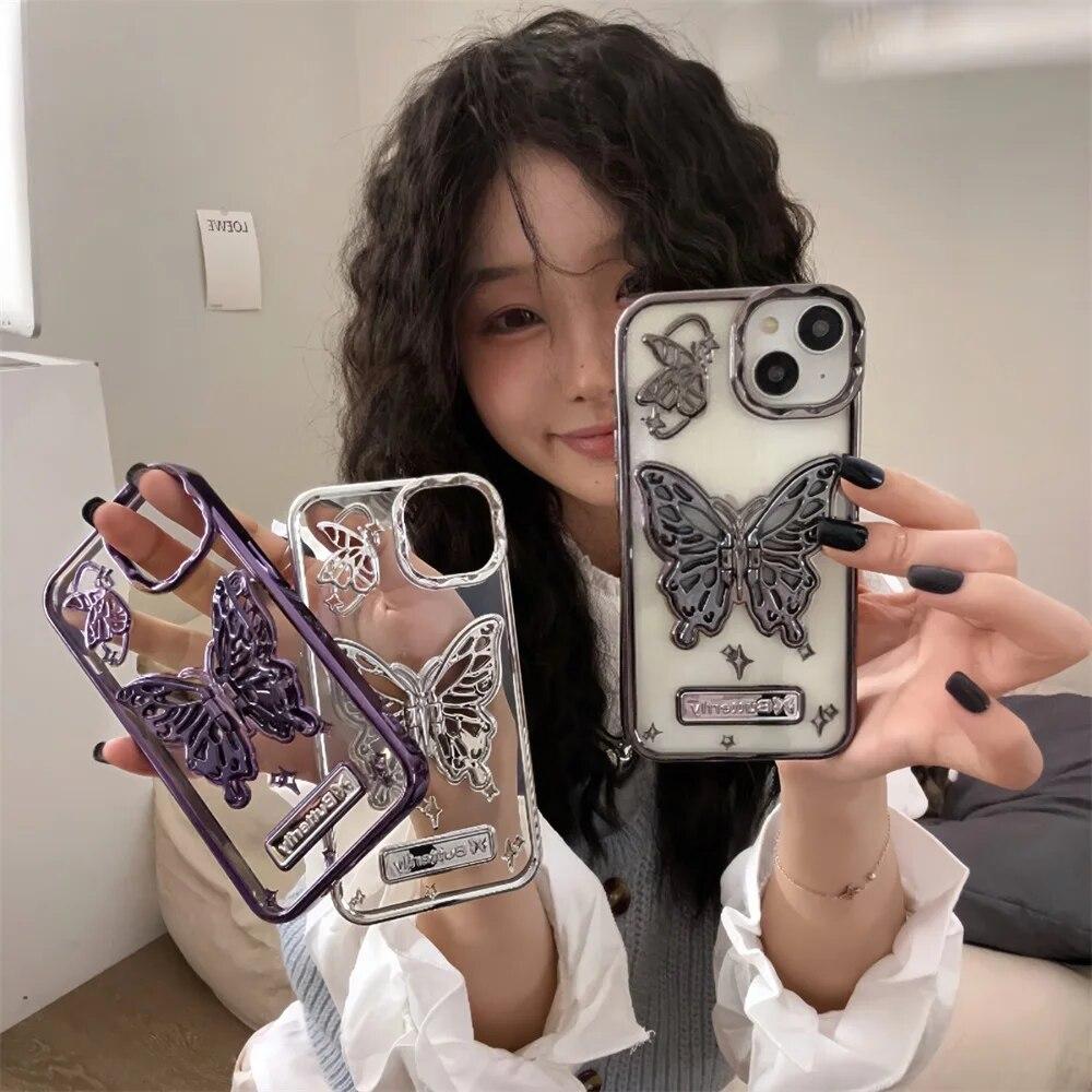 Galwanizowany Uchwyt 3D Motyl Etui na Telefon Dla iPhone 14 15 Pro Max Etui iPhone 12 13 Pro Max Wstrząsoodporny Przezroczysty Pokrowiec