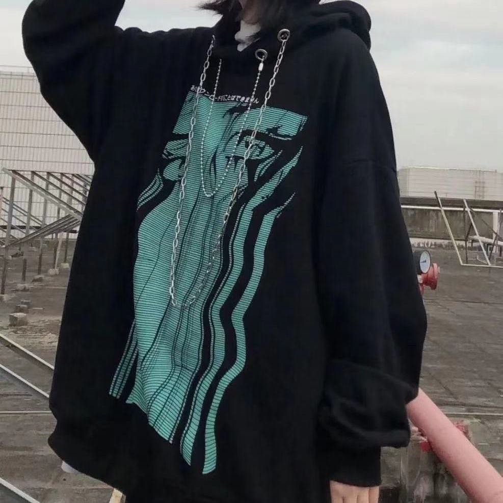 Y2k готический топ для женщин и мужчин толстовки унисекс ретро темный свитер пара свободный свитер с капюшоном черный темный топ M чёрный 1930₽