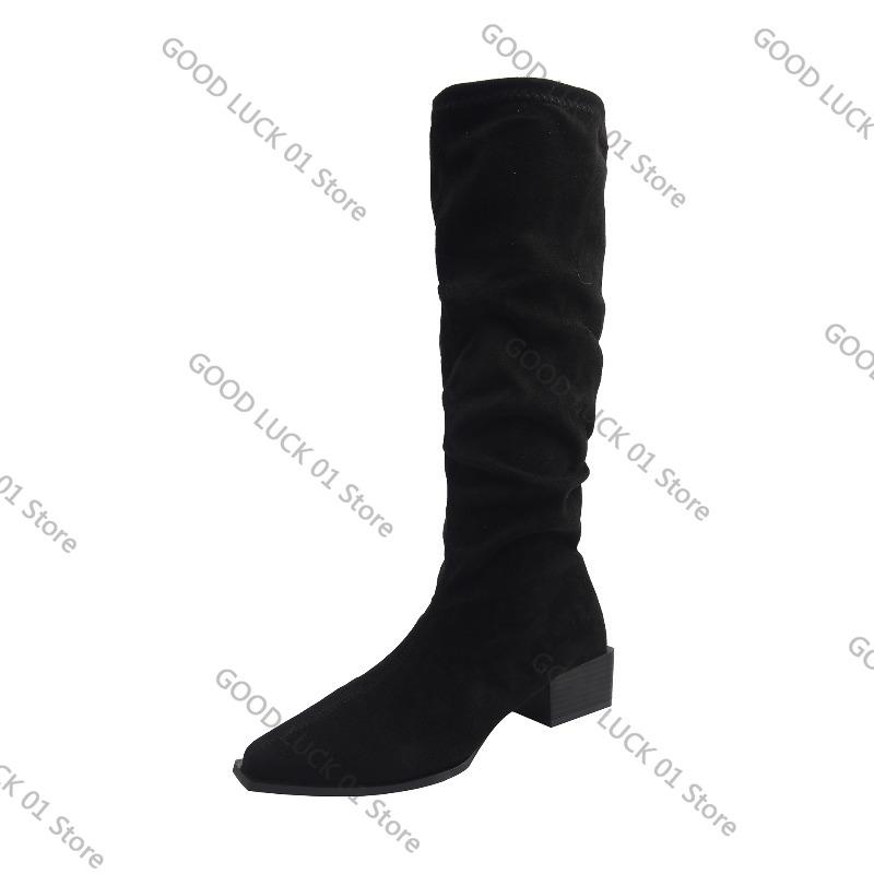Fashion 2025 Design Pleated Woman Knee-High Boots Fashion Pointed Toe Long Booties Autumn Winter Square Heels Slim Shoes