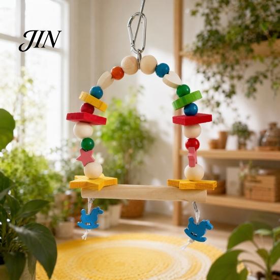 Bird Swing Toy Hanging Parrot Toy, Wooden Perch Stand for Cage, Wood Beads Blocks Chew Parakeet Cockatiel Budgie Macaws