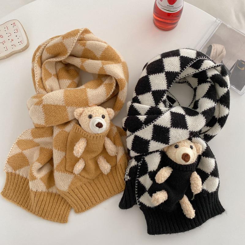 Cute bear short knitted handmade DIY scarf women's winter warm versatile student wool scarf