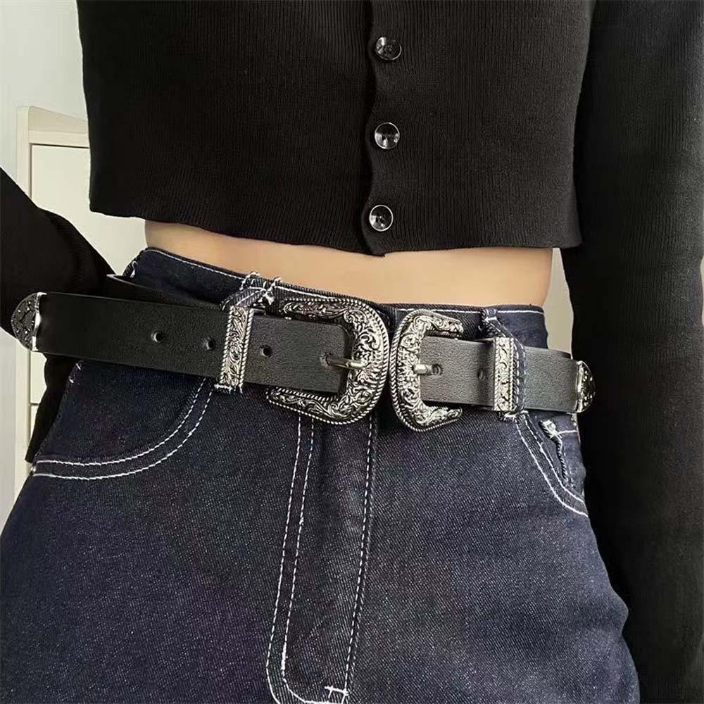 Cool Carved Buckle Belt Wide PU Vintage Waistband Fashion Double Buckle Waist Belt  Party