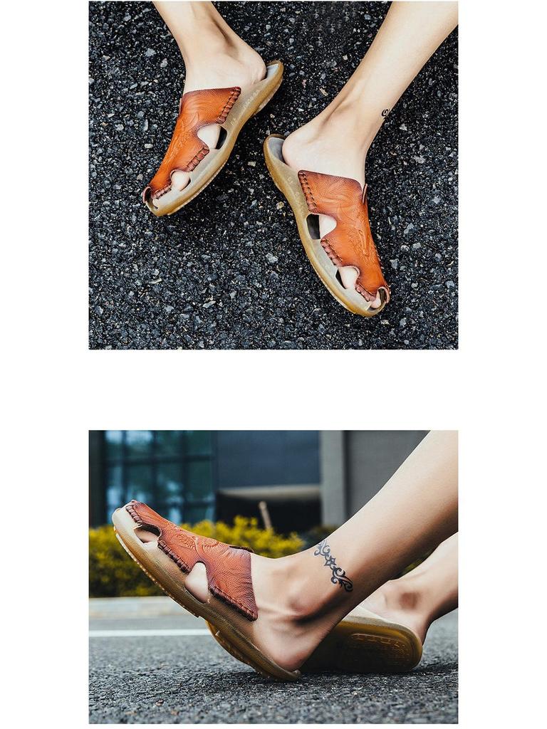 Plus Size Men's Breathable Leather Closed-Toe Sandals - Lightweight One-Strap Casual Beach Shoes