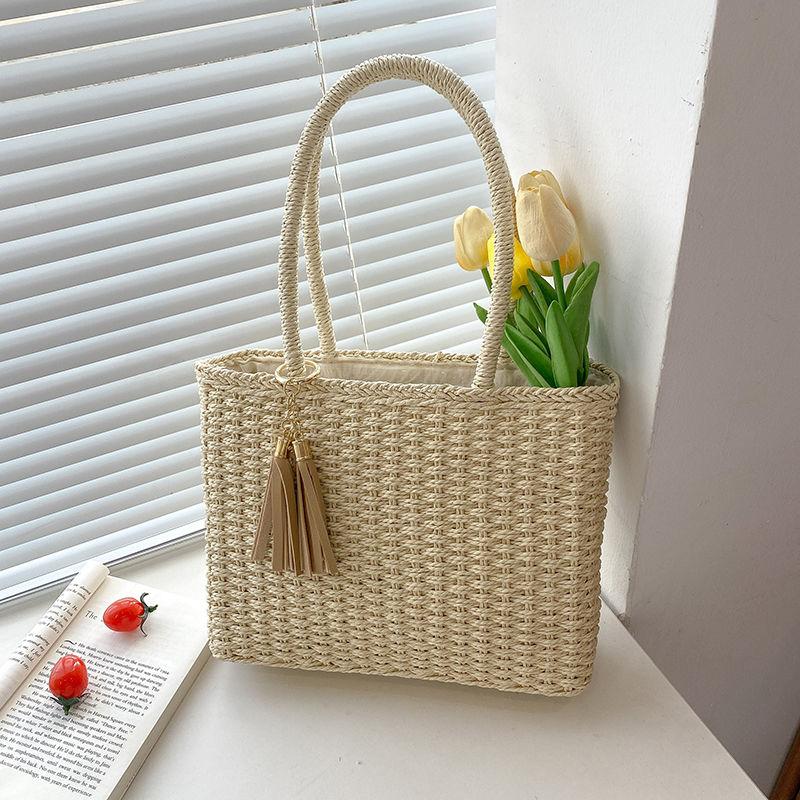 Vintage Straw Woven Bag Large Capacity Tote Bag Woven Shoulder Bag Fashionable and Versatile Handbag Vacation Style Beach Bag