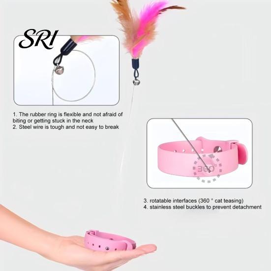 Cat Toy for Stress Relief Collar Feather Interactive Wand Hands Free Mental Stimulation Teaser with Bell Adjustable Indoor Kitty Solo Play Self-play