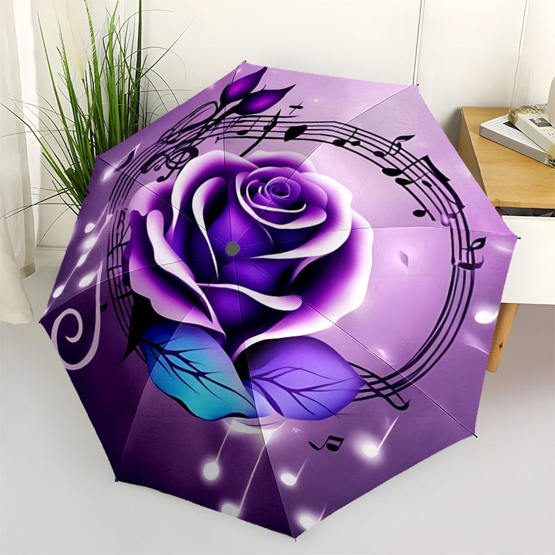 1pc Purple Rose Musical Notes Automatic Open/Close Folding Umbrella - Compact 8-Rib Design, Daily Use, Perfect Gift for Friends & Family yy251124204