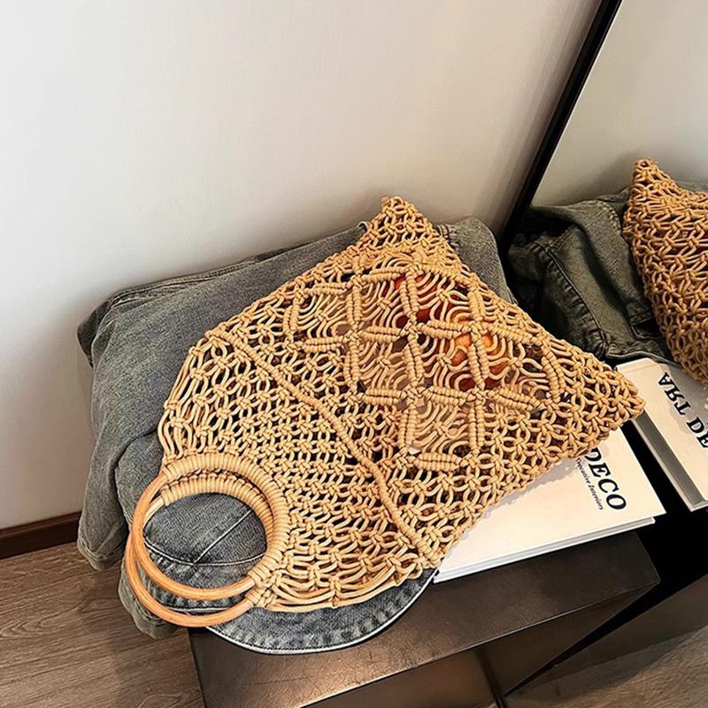 New Wooden Handle Rattan Handle Solid Color Hollow Handmade Cotton Rope Woven Bag Seaside Vacation Handbag Straw Bag
