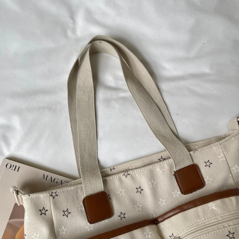 Womens Star Print Canvas Tote Bag Large Capacity Casual Shoulder Handbag Purse