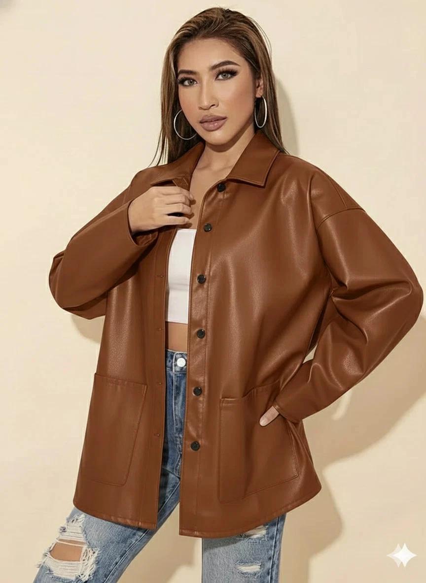 

Стильна коричнева ручної роботи з натуральної шкіри ягняти Повсякденна вечірня справжня жіноча сорочка 2XL коричневий