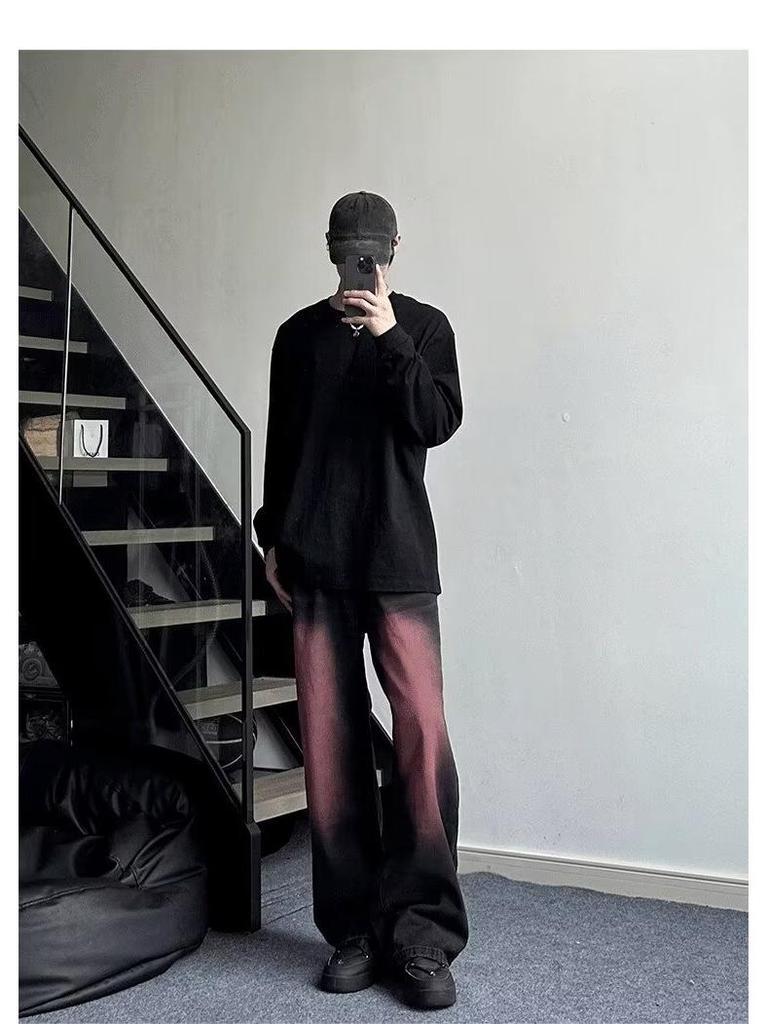 Men's Black & Pink Gradient Flared Jeans – Loose, Handsome, Comfortable High Street American Hip-Hop Style.