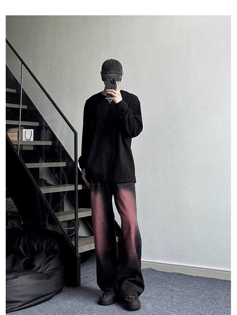 

Мужские расклешенные джинсы черного и розового цвета с градиентом — свободные, красивые, удобные в стиле американского хип-хопа. 2XL (34)