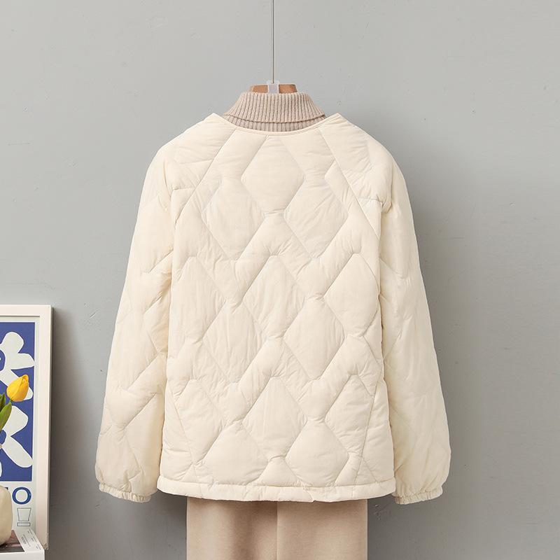 New Collarless Diamond Simple Versatile Round Neck Breasted White Duck Down Thin Lightweight Down Jacket Female Winter