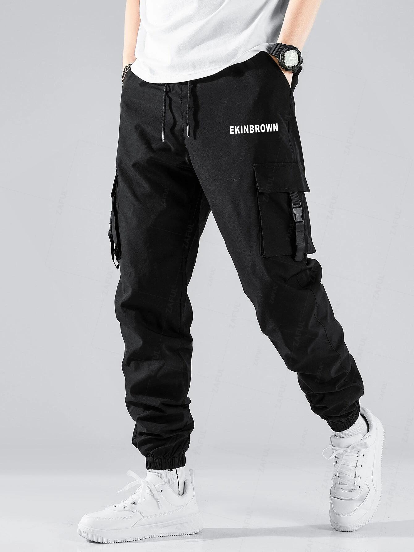 

ZAFUL Letter Printed Buckle Strap Multi-pocket Cargo Pants S чёрный