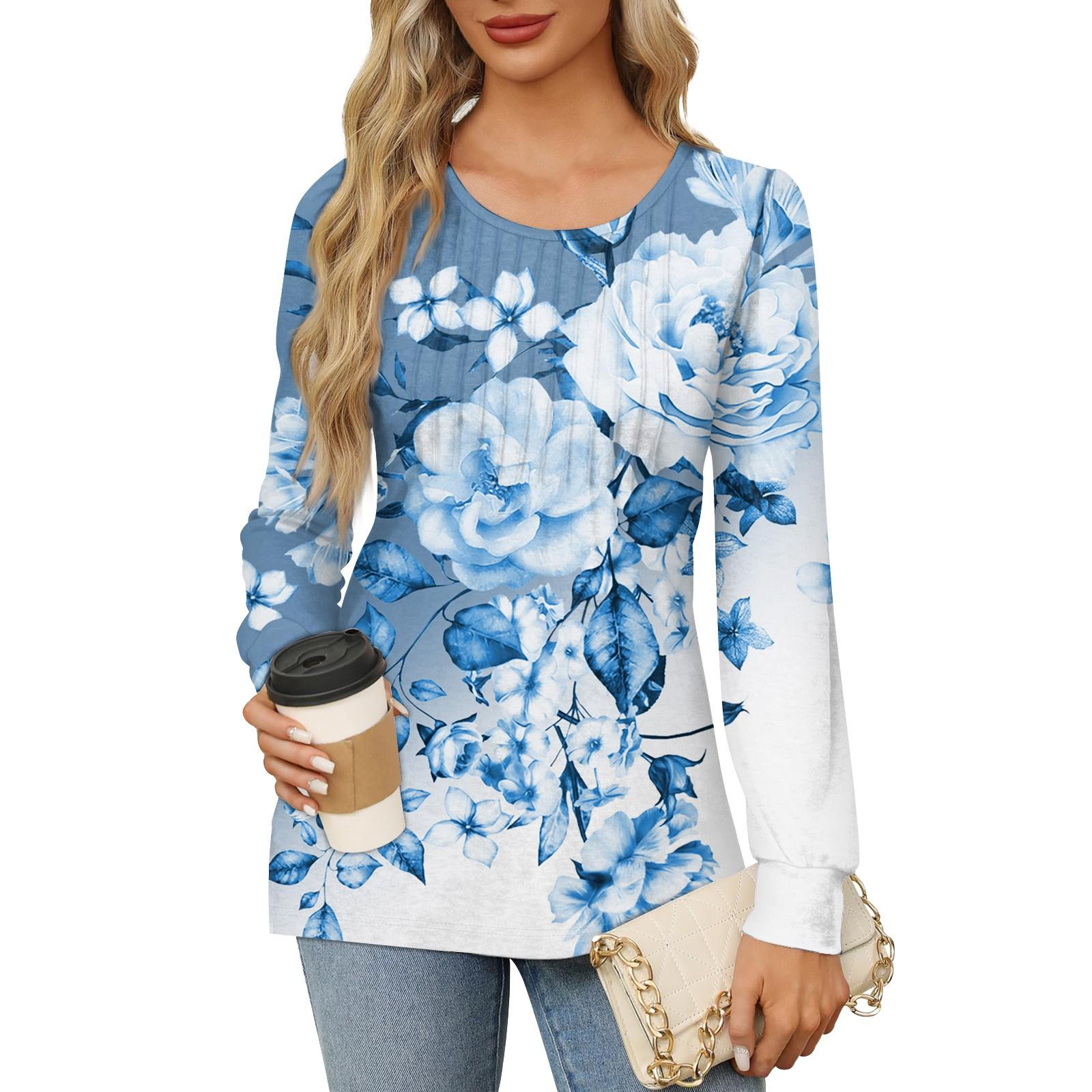 

Женская повседневная плиссированная футболка с круглым вырезом и длинными рукавами с принтом XXL светло-синий