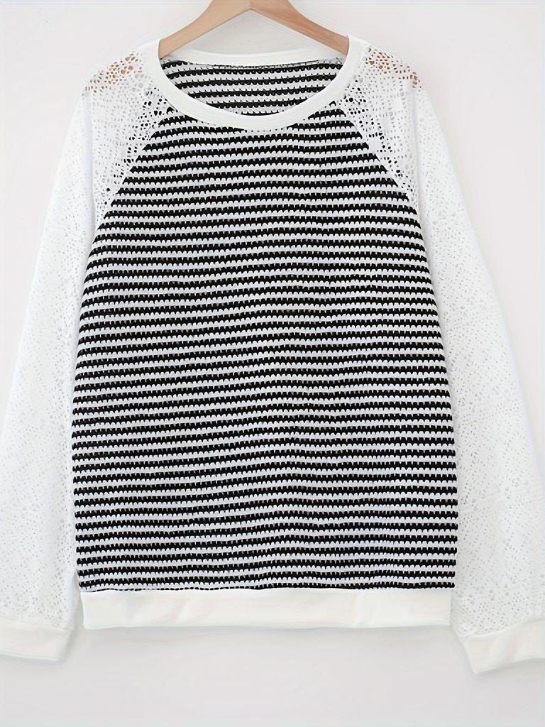 European & American 2026 Solid Lace Long Sleeve Hollow Round Neck Casual Women's T-shirt